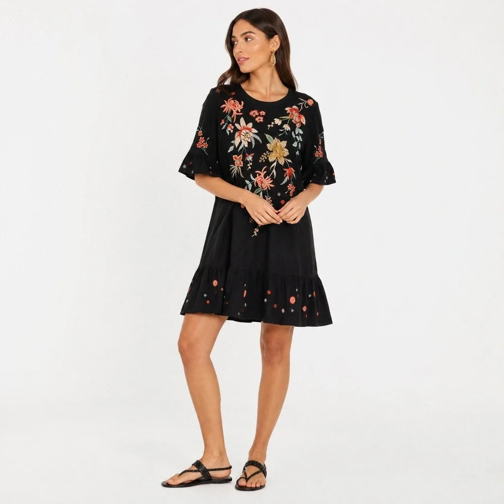 Johnny Was Women Embroidered Ruffle Sleeve Knit Dress XL Black Boho Floral
